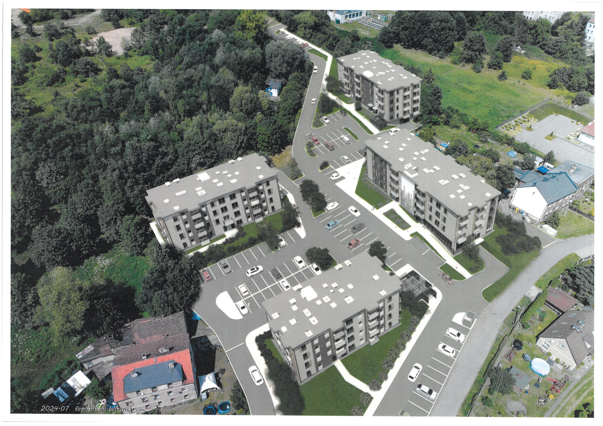 drzewa, budynki