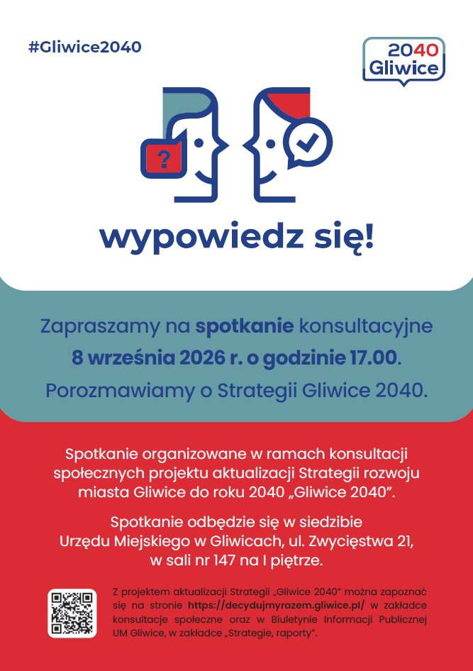 Od 28 sierpnia do 11 października potrwają konsultacje projektu aktualizacji „Strategii rozwoju miasta Gliwice do roku 2040, Gliwice 2040”. Uwagi i propozycje zmian można zgłaszać do całego dokumentu. 8 września planowane jest również spotkanie otwarte