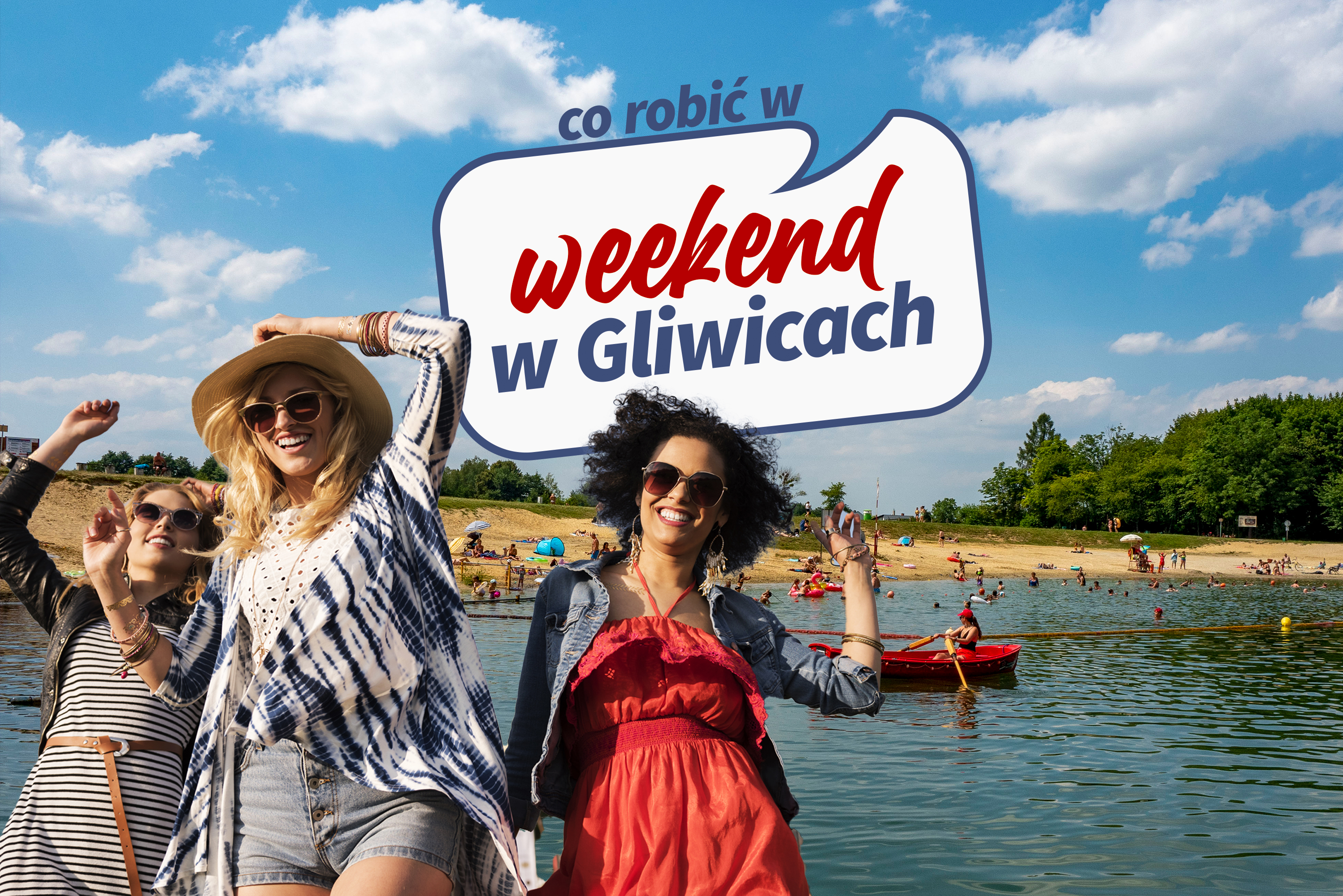 Trzy tańczące kobiety, nad nimi napis: Co robić w weekend w Gliwicach